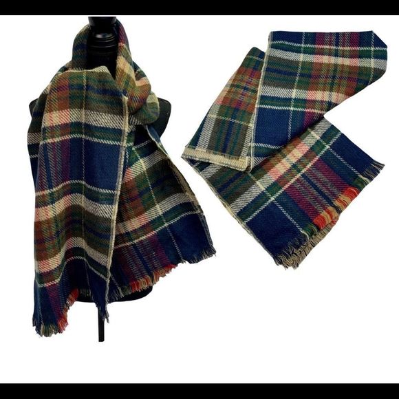 Navy blue forest green red beige plaid check soft warm fall winter blanket scarf - Picture 1 of 7